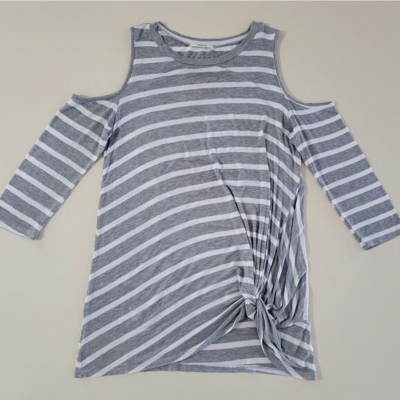 Twenty Ten Women's Gray Stripe Cold Shoulder Pullover Knotted Tunic Top - Picture 1 of 12